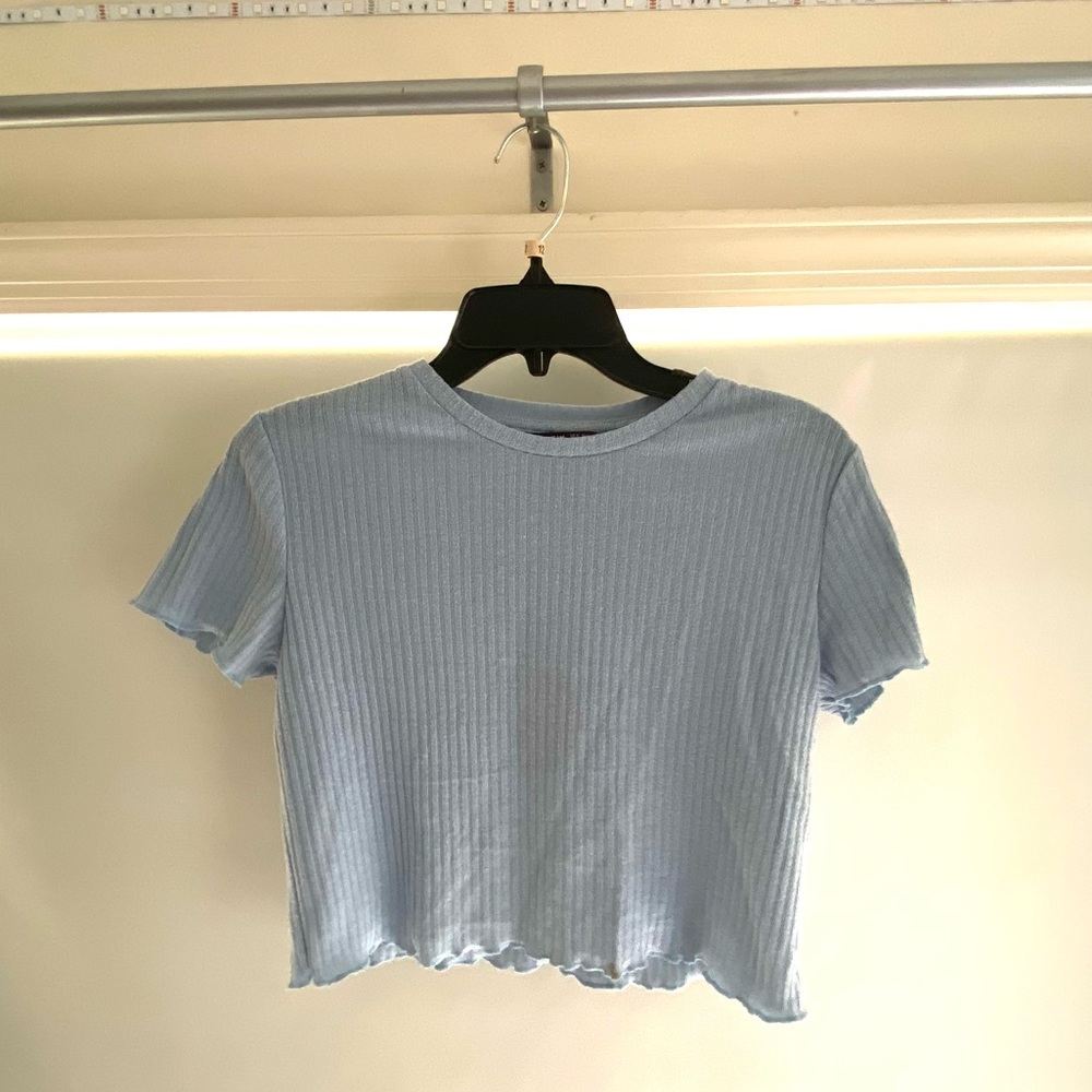 Blue Ribbed Lettuce-Edge Cropped Tee